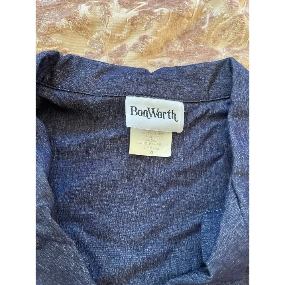 Vintage‎ 90s denim stretchy rose embroidered button up size xl
